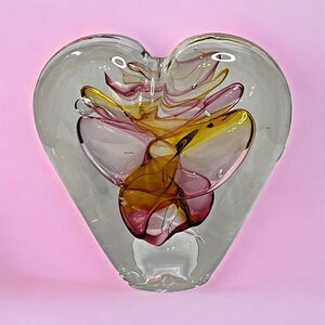 Glass Heart Paperweight Marian Pyrcak MP Poland Studio Pink Red Yellow SIGNED